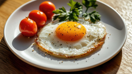 A delightful breakfast plate featuring a sunny side up egg, vibrant red tomatoes, and fresh green parsley. Perfect for a healthy start to the day!の素材
