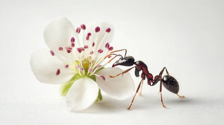 A close-up view of an ant approaching a delicate white flower. The macro details highlight the beauty of nature and the intricate relationship between insects and plants.の素材