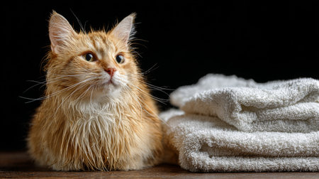 An adorable orange cat with wet fur relaxes beside a stack of plush white towels, creating a serene indoor atmosphere. The portrait captures its charming personality.の素材