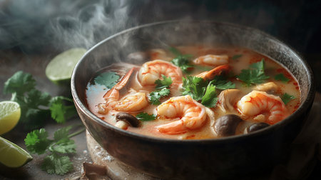 A steaming bowl of shrimp soup garnished with fresh herbs and lime. This vibrant dish showcases a rich broth, perfect for warming and nourishing.の素材