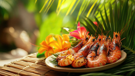 A vibrant arrangement of grilled shrimp on a plate, surrounded by tropical decor, showcasing a delicious summer meal perfect for any outdoor dining experience.の素材