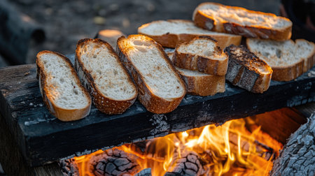Freshly toasted bread slices sit atop a campfire, radiating warmth and inviting aroma. Perfect for outdoor meals or cozy gatherings in nature.の素材