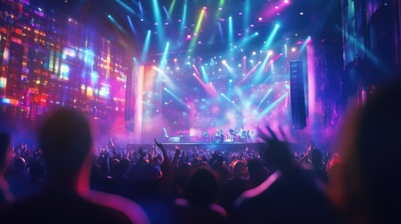 Exciting concert scene showcasing a lively audience enjoying colorful lights and music. A vibrant atmosphere filled with energy and celebration.の素材