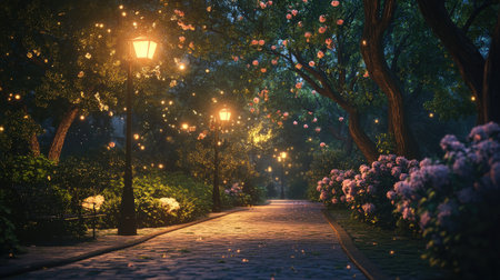 Experience a tranquil night stroll through a blooming park filled with glowing lanterns and vibrant flowers, creating a magical atmosphere for relaxation.の素材