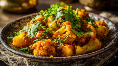 A vibrant and flavorful cauliflower and potato curry garnished with fresh herbs on a rustic plate, ideal for showcasing authentic Indian cuisine and healthy meals.の素材