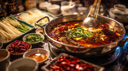 A vibrant and inviting hot pot dish stands at the center of a traditional table, surrounded by fresh vegetables, spices, and condiments, perfect for communal dining.の素材