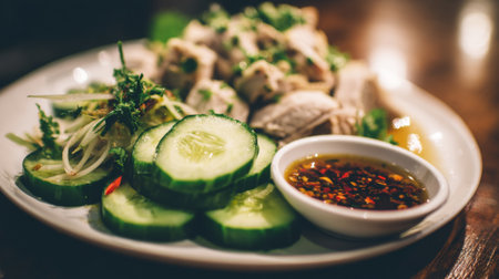 A delicious dish featuring sliced cucumber and chicken, beautifully garnished with herbs. Accompanied by a spicy dipping sauce, this meal invites a cozy dining experience.の素材