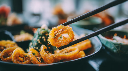 A captivating close-up of crispy fried food held by chopsticks, showcasing colorful textures and flavors in a beautifully styled Asian dining experience.の素材