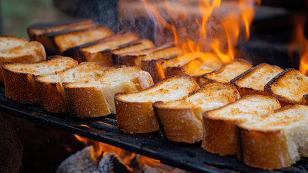 Toast is grilled over open flames, creating a perfect crispy texture with a delicious smoky flavor. Ideal for summer barbecues and outdoor gatherings.の素材
