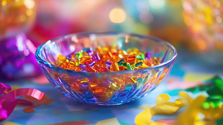 A sparkling bowl of colorful gems rests on a cheerful table, capturing the essence of celebration and joy. Perfect for festive themes and events.の素材