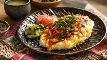 A delightful plate of asian omelette served with rice and vibrant side dishes, showcasing fresh ingredients and beautiful presentation for any meal.の素材
