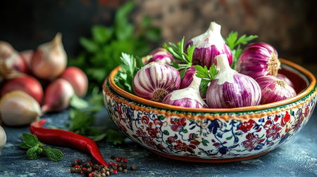 A vivid and colorful display of freshly harvested purple garlic in a decorative bowl, surrounded by fresh herbs and spices, perfect for culinary inspiration.の素材