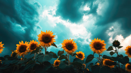 A vibrant field of sunflowers stretches towards a dramatic blue sky filled with swirling clouds, capturing the essence of summer beauty and nature's resilience.の素材