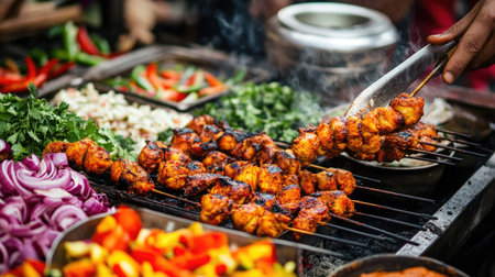 A colorful street food scene featuring grilling skewers of seasoned meat surrounded by fresh vegetables and vibrant herbs, offering an atmospheric culinary experience.の素材