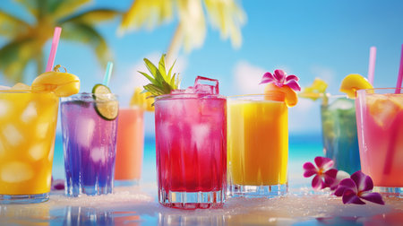 A vibrant display of tropical drinks featuring various flavors and colors, perfect for a summer beach setting. Ideal for vacation and leisure themes.の素材