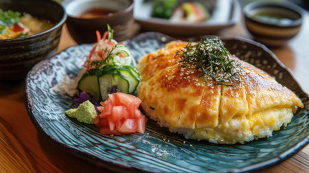 Delight in a beautifully presented Japanese omelette served with sushi rice and fresh garnishes, perfect for a flavorful dining experience.の素材