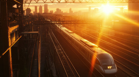A modern train glides through urban tracks at sunset, illuminating the skyline with warm light. The scene captures the essence of travel and technology.の素材