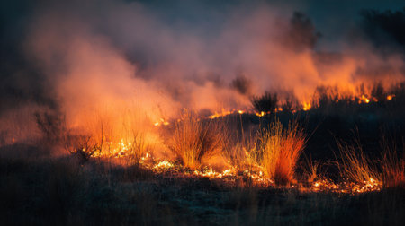 A breathtaking scene capturing the fury of a wildfire in dry grasslands at dusk. The vibrant flames and smoky haze illustrate nature's power and the urgency of fire management.の素材