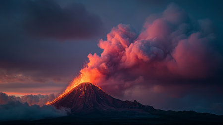A striking view of a volcano erupting at dusk showcases vibrant lava and billowing clouds, illustrating the raw power of nature in a dramatic landscape scene.の素材