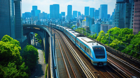 A sleek train navigating through a vibrant urban landscape, showcasing modern architecture and greenery against a backdrop of towering skyscrapers.の素材