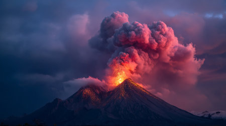 A stunning view of a volcanic eruption showcasing fiery lava spewing into the air amid dark ash clouds, creating a breathtaking and dramatic natural scene at dusk.の素材