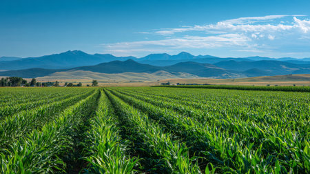 Expansive view of a lush green cornfield stretching towards the horizon, framed by a stunning mountain range under a clear blue sky, showcasing rural beauty.の素材