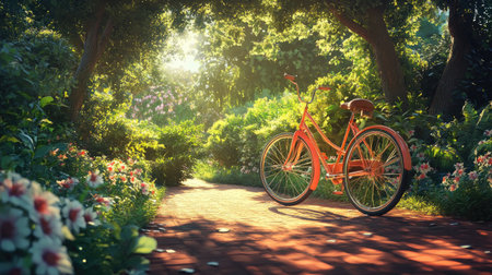 A bright orange bicycle rests on a charming garden pathway surrounded by lush greenery and blooming flowers, creating a serene outdoor escape.の素材