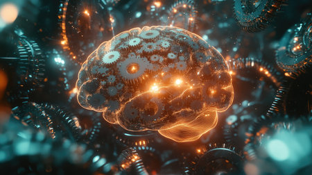 A digital representation of a brain surrounded by gears and circuits, symbolizing technology, innovation, and the fusion of creativity with artificial intelligence.の素材
