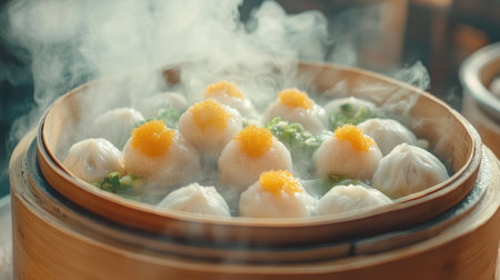 A close-up of steaming dumplings topped with bright yellow garnishes in a bamboo steamer, showcasing a delightful Asian culinary experience perfect for food lovers.の素材