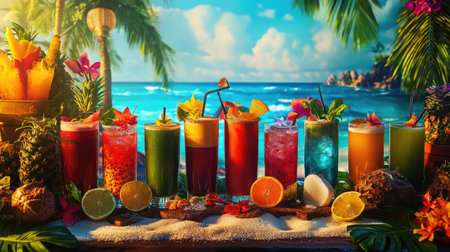 A stunning display of vibrant cocktails by the beach, featuring colorful drinks adorned with tropical fruits and flowers. Perfect for summer vibes and relaxation.の素材