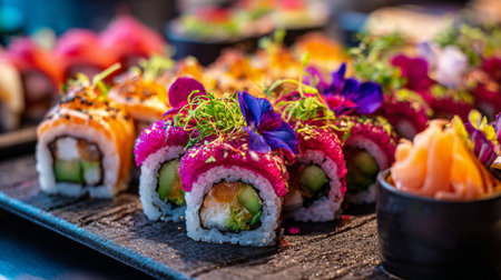 An exquisite sushi platter showcasing a variety of colorful rolls made with fresh ingredients, beautifully garnished with edible flowers, perfect for celebrations.の素材