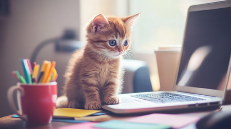 Adorable kitten curiously observes a laptop on a cozy workspace. Bright stationery adds color to the scene, perfect for conveying creativity and warmth.の素材