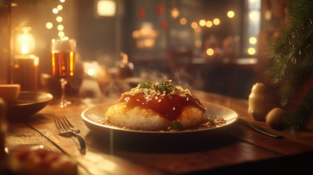 A beautifully styled plate of savory food with a steaming sauce garnished with herbs, set in a cozy dining environment decorated with soft lights.の素材