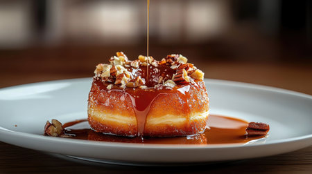 A delectable donut topped with rich caramel sauce and crunchy pecans, perfect for a sweet treat or special occasion, and sure to please everyone.の素材