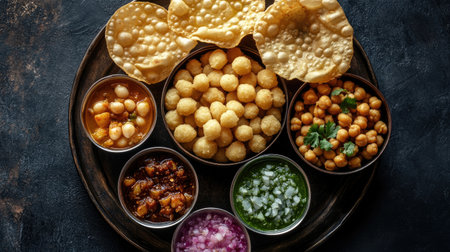 A delightful assortment of Indian snacks served on a rustic platter. The image features crispy treats, flavorful chutneys, and fresh toppings perfect for sharing.の素材