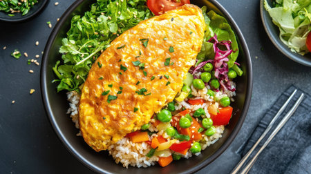 A vibrant bowl featuring a fresh omelette on a bed of colorful vegetables and rice. Perfect for healthy meals or culinary inspiration.の素材