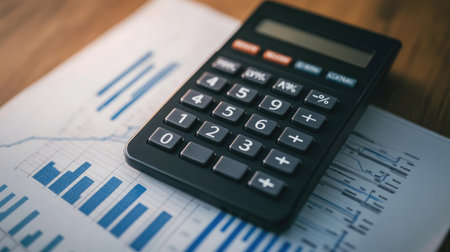 A calculator rests on financial reports showcasing graphs and data analysis, representing business finance and budgeting concepts in a workspace.の素材