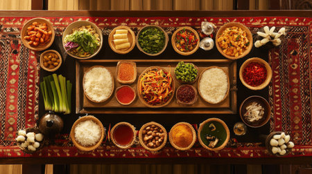 A vibrant array of fresh ingredients beautifully arranged on a table, showcasing diverse vegetables, spices, and herbs, perfect for culinary inspiration.の素材