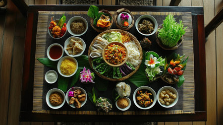 A vibrant display of fresh local cuisine featuring an array of colorful dishes, herbs, and vegetables arranged beautifully on a wooden table. Perfect for food lovers.の素材