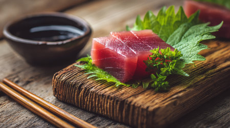 A beautiful presentation of fresh tuna sashimi on a wooden board with shiso leaves and soy sauce. Ideal for showcasing Japanese culinary art and healthy eating.の素材