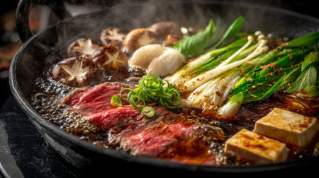 A vibrant hot pot showcases tender beef slices, fresh vegetables, soft tofu, and flavorful mushrooms, creating a shared culinary experience full of warmth and comfort.の素材