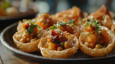 An enticing arrangement of Indian street snacks featuring crispy shells filled with savory flavors and garnished with fresh herbs. Perfect for sharing.の素材