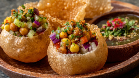 Enjoy vibrant Indian street food featuring crispy Pani Puri filled with a mix of tangy vegetables and served with a delicious green chutney. Perfect for sharing!の素材