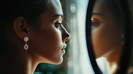 A captivating profile portrait of a woman wearing elegant earrings, softly illuminated by natural light, reflected in a mirror, capturing serene beauty and sophistication.の素材