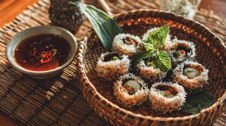 This captivating image showcases a delightful assortment of sushi rolls arranged in a traditional basket with vibrant mint and a savory dipping sauce, perfect for food lovers.の素材