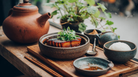 A beautifully arranged plate of traditional Asian pork dish sits on a wooden table, accompanied by fragrant rice and fresh herbs, perfect for food lovers.の素材
