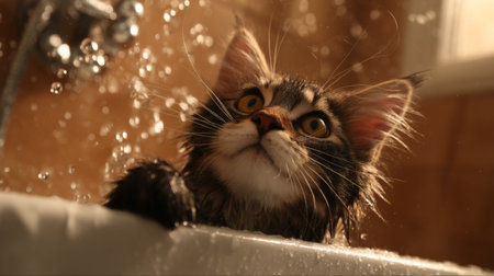A playful kitten enjoys bath time as water splashes around, showcasing its curious gaze and wet fur in a warm indoor setting, capturing a moment of innocence.の素材