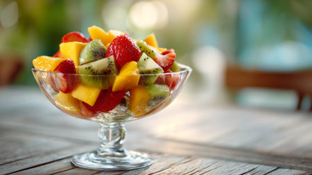 A delightful fruit salad featuring a mix of strawberries, mango, kiwi, and melon presented beautifully in a glass bowl on a rustic wooden table.の素材