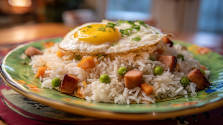 A vibrant plate of fried rice featuring a perfectly cooked sunny side up egg and diced ham. Bright colors and fresh ingredients create an inviting meal centerpiece.の素材