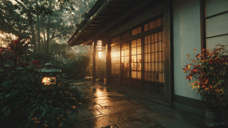 This image captures a tranquil Japanese garden at sunset, featuring a traditional house, lanterns, and vibrant foliage, promoting a sense of peace and serene beauty.の素材
